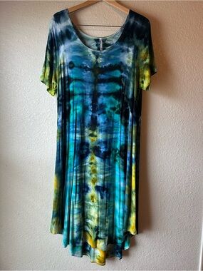 Azules 💙 Blue & Green Tie-Dye Scoop Neck Tunic Dress Size XL